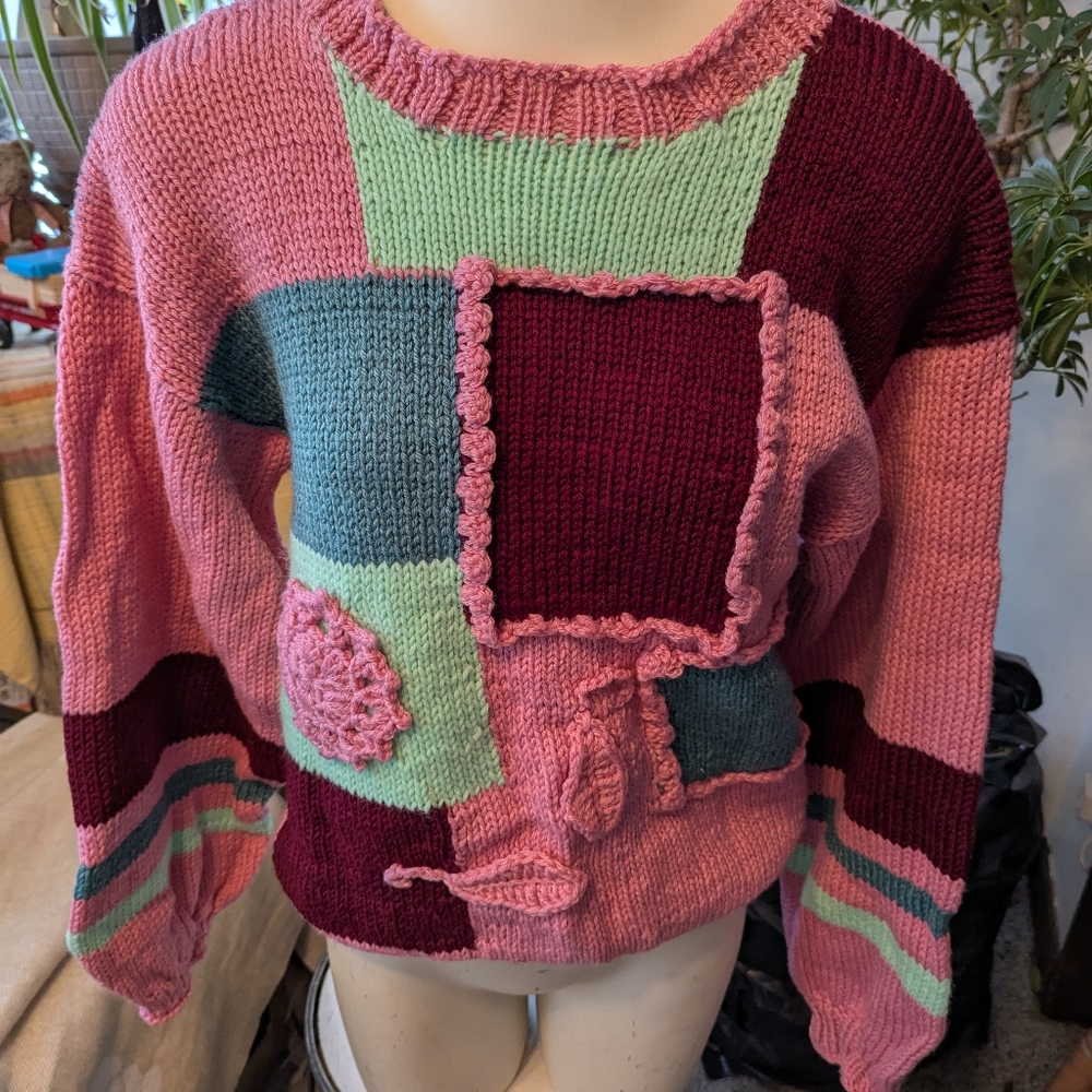 Handknit Ooak Custom Colorful Patchwork Knit Swea… - image 1